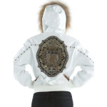 Pelle Pelle Womens Mb Emblem White Jacket, pelle pelle,pellepelle leather jacket,varsity jacket,pelle pelle wool jacket, pellepelle varsity jacket, pelle pelle soda club jacket