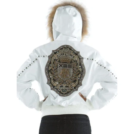 Pelle Pelle Womens Mb Emblem White Jacket, pelle pelle,pellepelle leather jacket,varsity jacket,pelle pelle wool jacket, pellepelle varsity jacket, pelle pelle soda club jacket