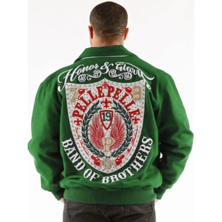 Pelle Pelle Band of Brothers Green Jacket | Pelle Pelle, leather jacket, varsity jacket, pelle the conqueror