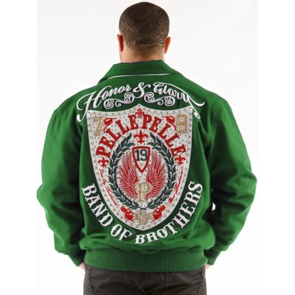 Pelle Pelle Band of Brothers Green Jacket | Pelle Pelle, leather jacket, varsity jacket, pelle the conqueror