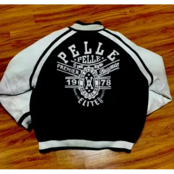 Pelle Pelle Wool Varsity Jacket, Pelle Pelle, black and white wool varsity jacket, leather jacket pelle the conqueror