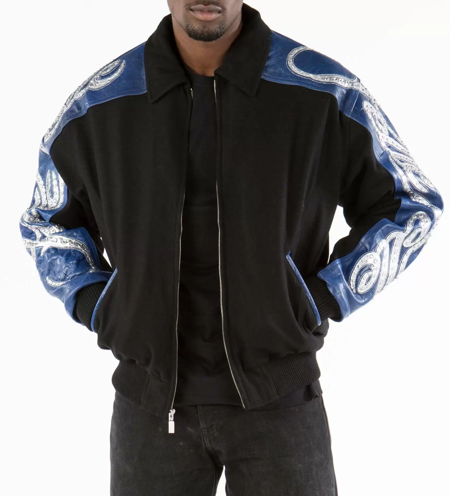 Amazing Pelle Pelle Black Blue Script | Studded Wool Jacket