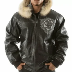 Pelle Pelle Black PP Crest Fur Hood Leather Jacket | Pelle Pelle Store view 2