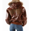 Pelle Pelle Brown Royal Fur Hooded Jacket, pelle pelle, pellepelle leather jacket,varsity jacket,pelle pelle wool jacket, pellepelle varsity jacket, pelle pelle soda club jacket