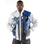 pelle pelle white plush picasso jacket, pelle pelle store, pelle pelle jacket, blue and white leather jacket