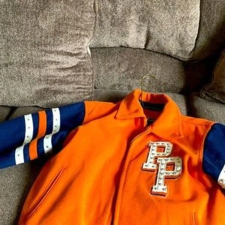 pelle pelle orange varsaity lettermen jacket, pelle pelle store. pelle pelle jacke t. orange wool jacket