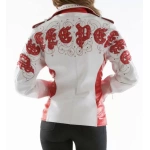 pelle pelle white studded leather jacket, pelle pelle store, white and red leather jacket