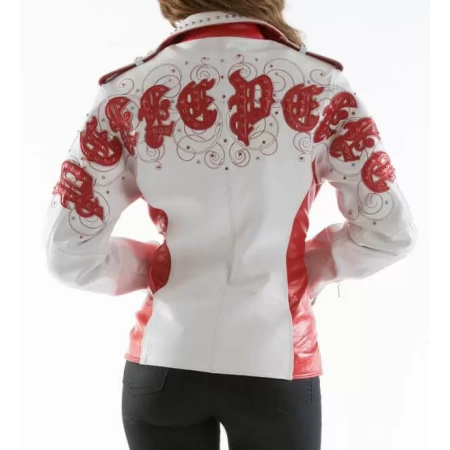 pelle pelle white studded leather jacket, pelle pelle store, white and red leather jacket