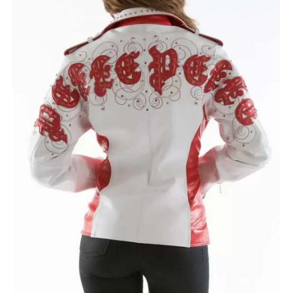 pelle pelle white studded leather jacket, pelle pelle store, white and red leather jacket