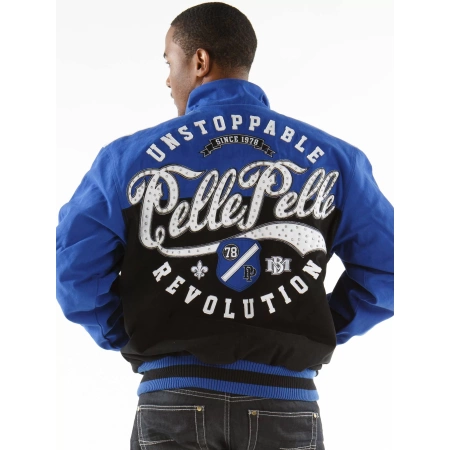 pelle pelle revolution black and blue jacket, pelle pelle store,black and blue wool jacket