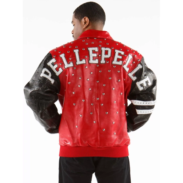 pelle pelle studded letterman red jacket, pelle pelle store,red leather jacket