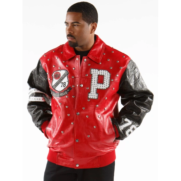 pelle pelle studded letterman red jacket, pelle pelle store,red leather jacket