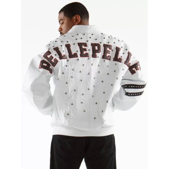 pelle pelle studded letterman white jacket, pelle pelle store,white leather jacket