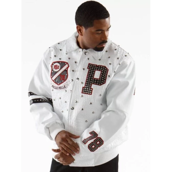 pelle pelle studded letterman white jacket, pelle pelle store,white leather jacket