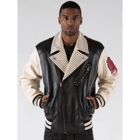 pelle pelle varsity biker plush jacket, pelle pelle store, black leather jacket