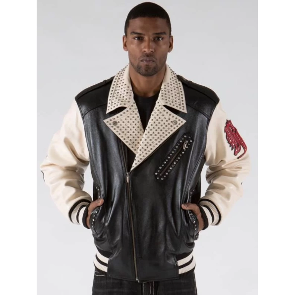 pelle pelle varsity biker plush jacket, pelle pelle store, black leather jacket