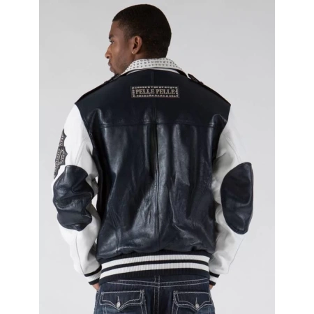 pelle pelle varsity biker navy plush jacket, pelle pelle store, black leather jacket