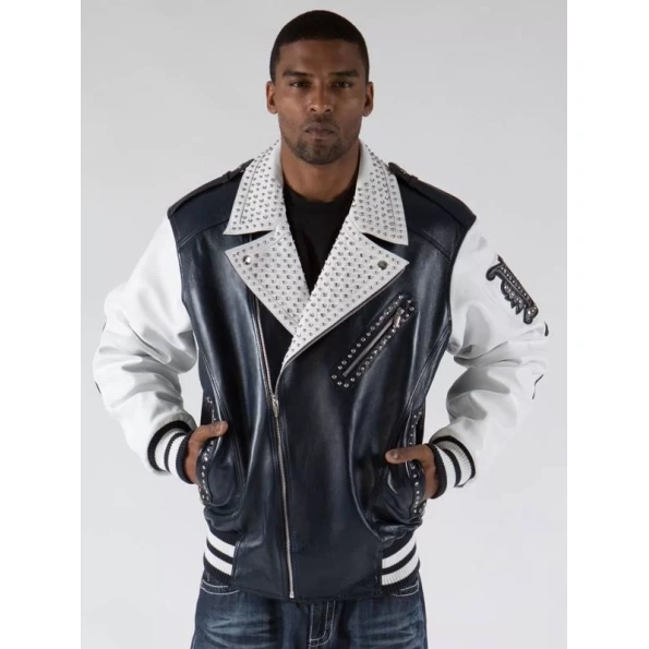 pelle pelle varsity biker navy plush jacket, pelle pelle store, black leather jacket