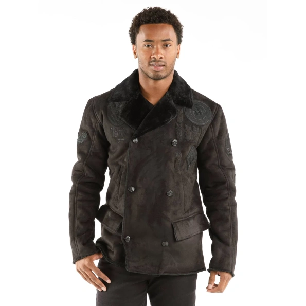 pelle pelle victory pea coat, pelle pelle store, black leather coat