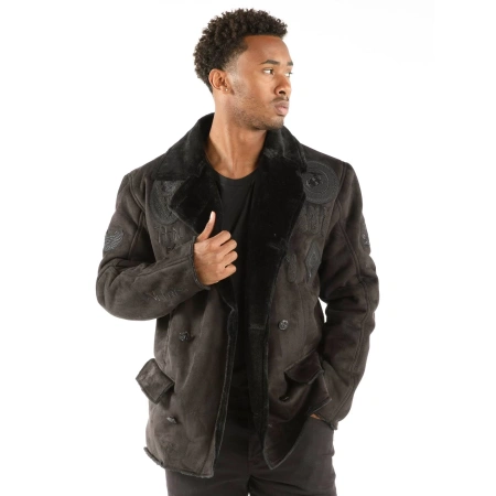 pelle pelle victory pea coat, pelle pelle store, black leather coat