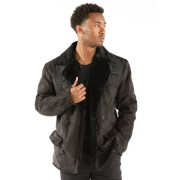 pelle pelle victory pea coat, pelle pelle store, black leather coat