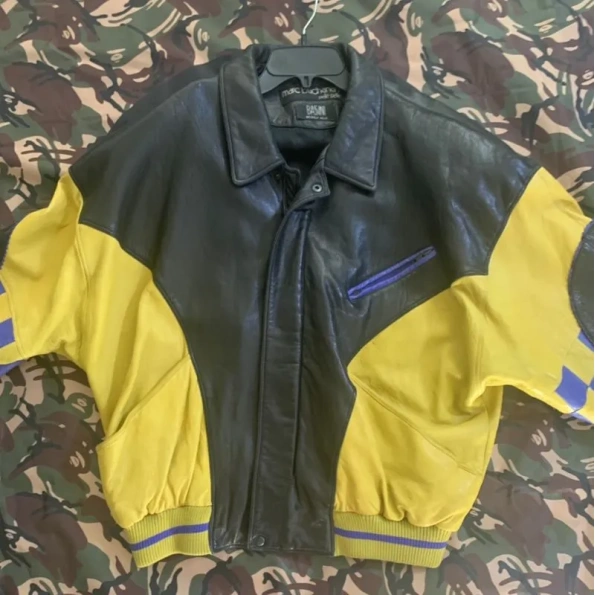 pelle pelle soda club leather jacket, pelle pelle store, pelle pelle jacket, black and yellow leather jacket