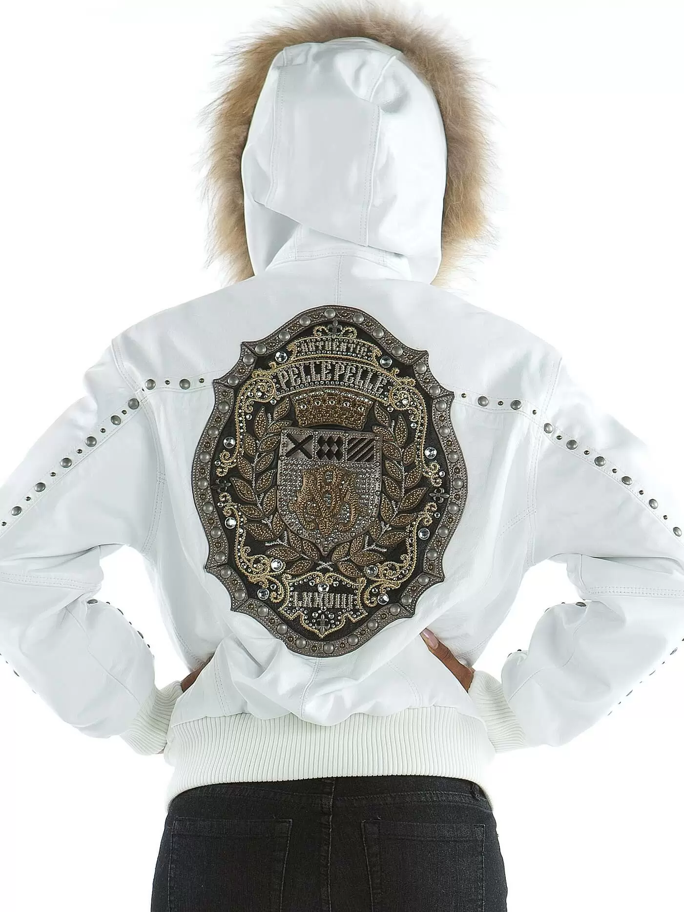 Pelle Pelle White Hooded Studded Jacket