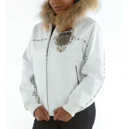 pelle pelle white hooded studded jacket, pelle pelle store, pelle pelle jacket, white leather jacket