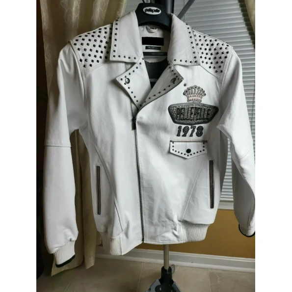 pelle pelle white studded leather jacket, pelle pelle store, pelle pelle jacket, white leather jacket