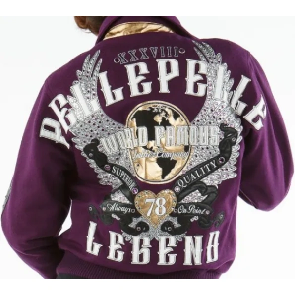 pelle pelle world famous varsity jacket, pelle pelle store, pelle pelle jacket, purple wool jacket