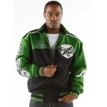 pelle pelle world varsity jacket, pelle pelle store, pelle pelle jacket, green and black jacket