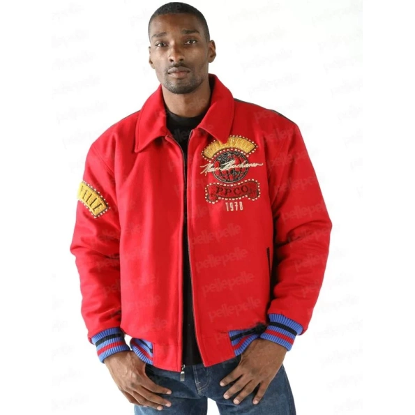 pelle pelle world tour red bomber jacket, pelle pelle store, pelle pelle jacket, red wool jacket