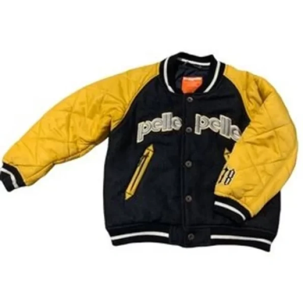 pelle pelle varsity wool bomber jacket, pelle pelle store, pelle pelle jacket, black and yellow wool jacket