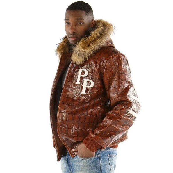 pelle pelle crocodile hooded brown jacket, pelle pelle store, pelle pelle jacket, brown leather jacket