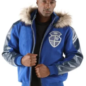 Pelle Pelle Fur Hooded Blue Leather Jacket