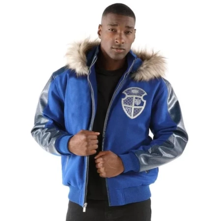 pelle pelle fur hooded blue leather jacket, pelle pelle store, pelle pelle jacket, blue leather jacket