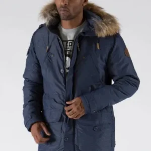Pelle Pelle Fur Hooded Blue Long Coat