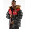 pelle pelle gray and red puffer hooded coat, pelle pelle store, pelle pelle jacket, gray and red hooded jacket