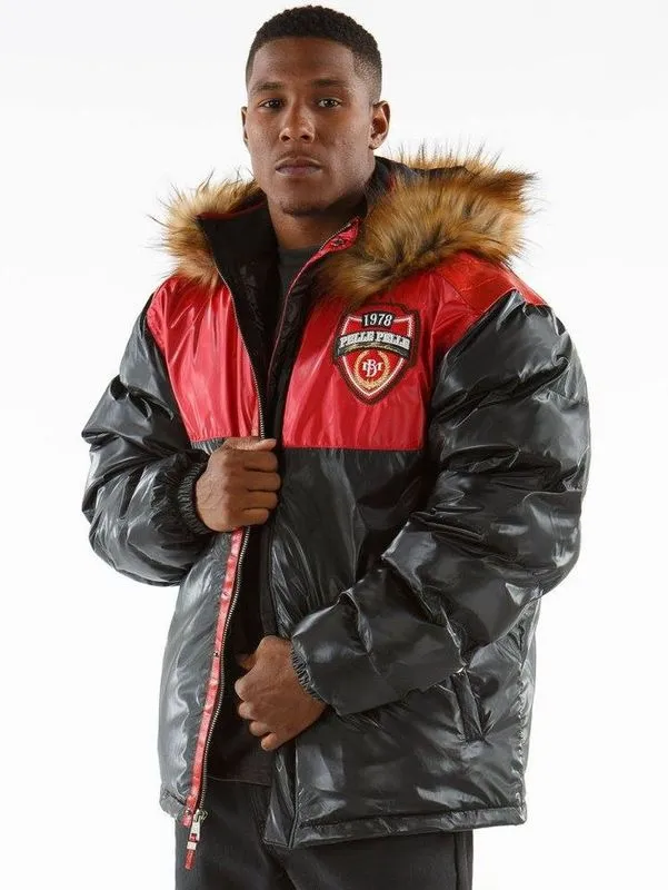 Pelle Pelle Gray And Red Puffer Hooded Coat