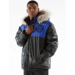 pelle pelle gray and blue puffer hooded coat, pelle pelle store, pelle pelle jacket, gray and blue hooded jacket