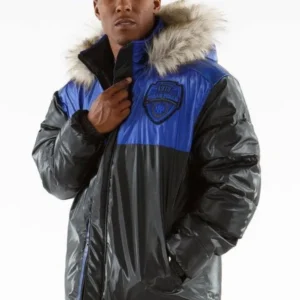 Pelle Pelle Gray and Blue Puffer Hooded Coat
