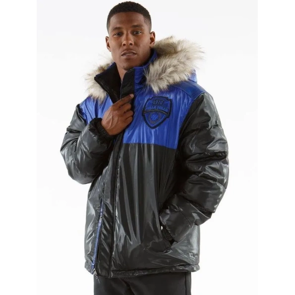 pelle pelle gray and blue puffer hooded coat, pelle pelle store, pelle pelle jacket, gray and blue hooded jacket