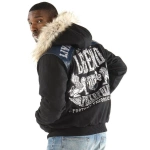 pelle pelle legend fur hooded jacket, pelle pelle store, pelle pelle jacket, navy blue wool jacket