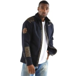 pelle pelle navy blue stand up collar jacket, pelle pelle store, pelle pelle jacket, navy blue wool jacket