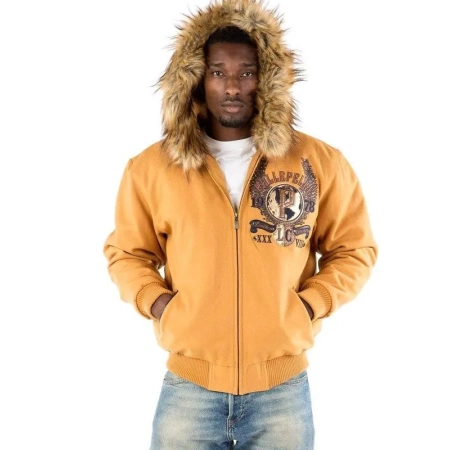 pelle pelle mens 1978 hooded jacket, pelle pelle store, pelle pelle jacket,yellow wool jacket