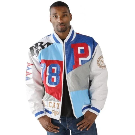 pelle pelle white and blue dunk jacket, pelle pelle store, pelle pelle jacket, white and blue leather jacket