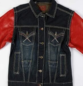 Exclusive Pelle Pelle Black Jeans Jacket With Red Leather Sleeves view 4