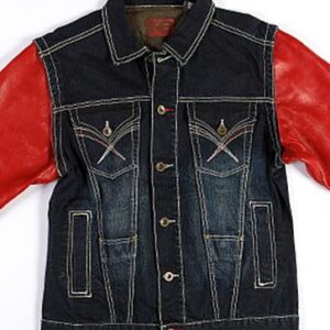 Exclusive Pelle Pelle Black Jeans Jacket With Red Leather Sleeves view 2