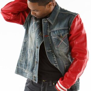 Exclusive Pelle Pelle Black Jeans Jacket With Red Leather Sleeves view 3