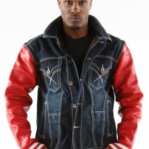 Exclusive Pelle Pelle Black Jeans Jacket With Red Leather Sleeves